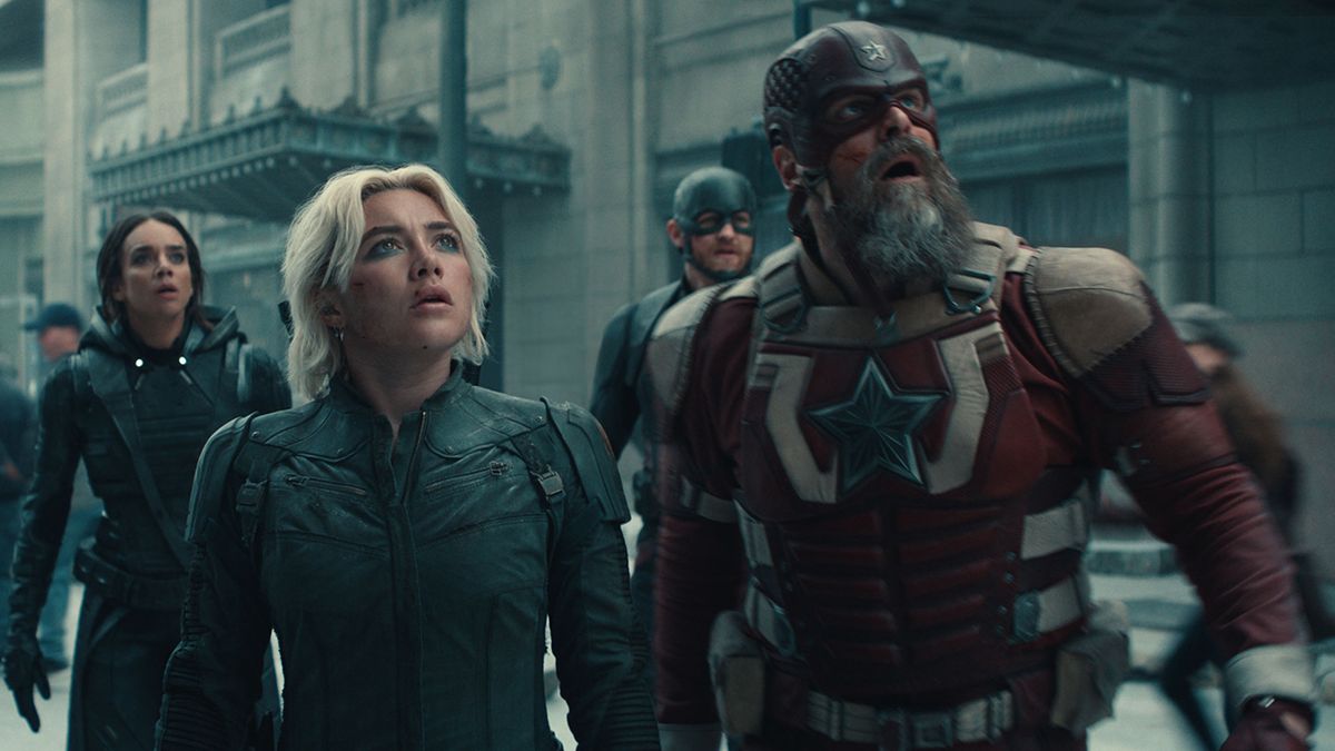 Ghost, Yelena, Red Guardian, and John Walker looking shocked at something happening off-camera in Marvel&#039;s Thunderbolts movie