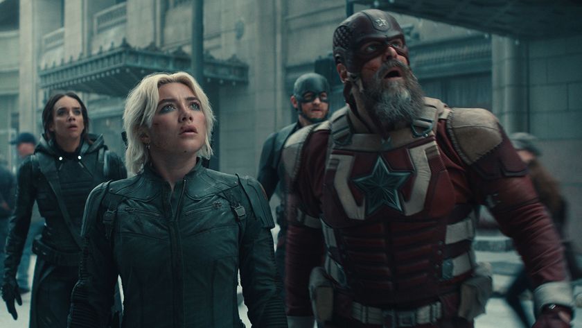 Ghost, Yelena, Red Guardian, and John Walker looking shocked at something happening off-camera in Marvel&#039;s Thunderbolts movie