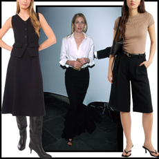 collage of Carolyn Bessette Kennedy at the Annual Fundraising Gala March 9, 1999 at the Whitney Museum of American Art in New York City with minimalist nordstrom clothing on models with black borders on white background