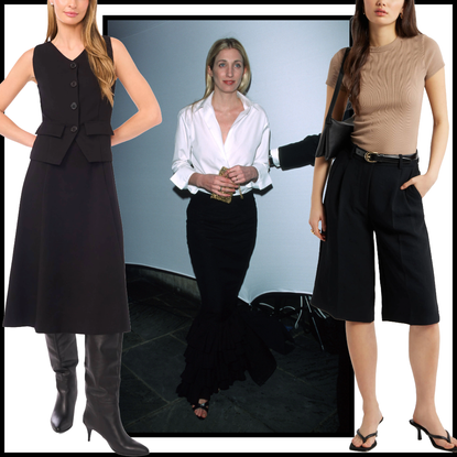 collage of Carolyn Bessette Kennedy at the Annual Fundraising Gala March 9, 1999 at the Whitney Museum of American Art in New York City with minimalist nordstrom clothing on models with black borders on white background