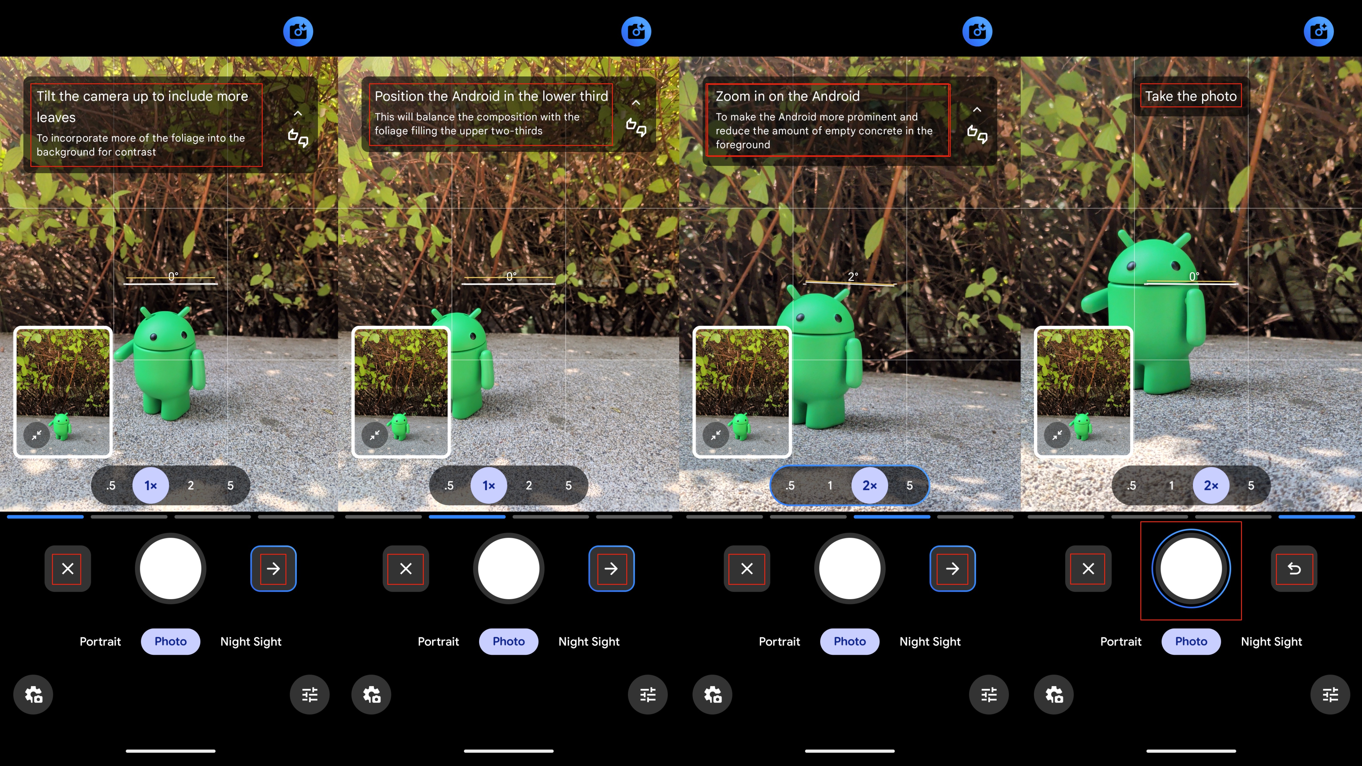 The Camera Coach feature steps in Google Pixel 10 screenshots.