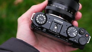 The top plate of a Fujifilm X-M5 camera