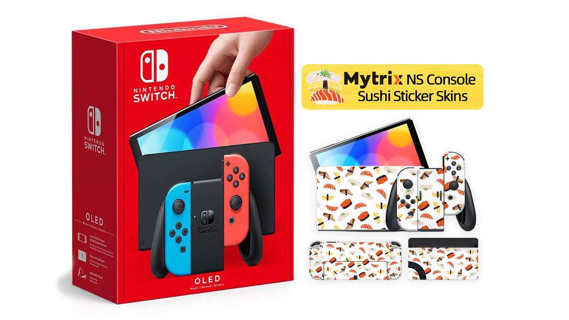 A photo of the Nintendo Switch with a sushi sticker pack