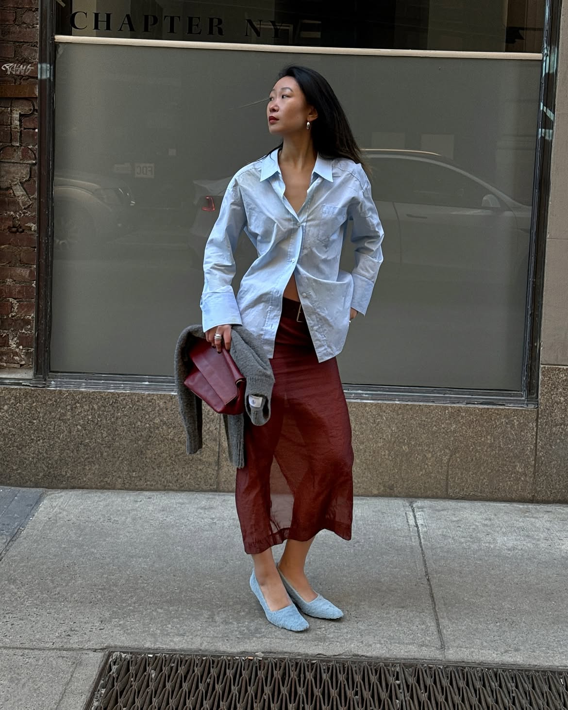 Caroline Lin in a slip skirt.