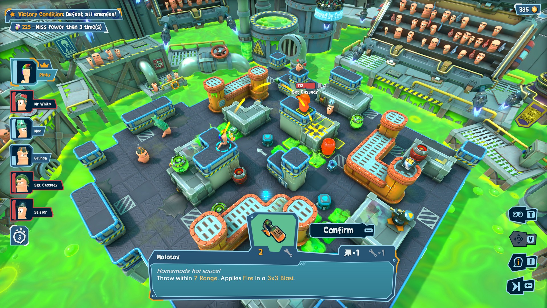 An industrial battlefield in Worms: Galactic Tactics is surrounded by green acid instead of water as Pinky aims a Molotov Cocktail at Sgt Cassady