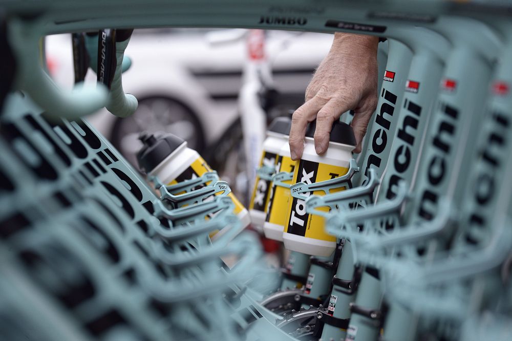 Feeding-bottles of The Netherlands' Lotto NL - Jumbo cycling team are pictured on bikes before the start of the first stage of the 73rd edition of the Paris-Nice.