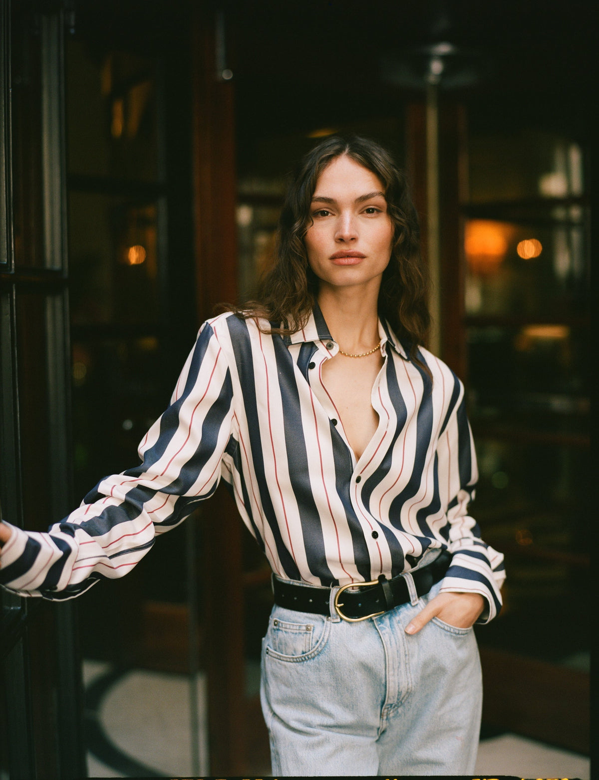 The Boyfriend Exaggerated Cuff: Tencel&amp;trade; Lyocell, Navy &amp;amp; Burgundy Wide Stripe