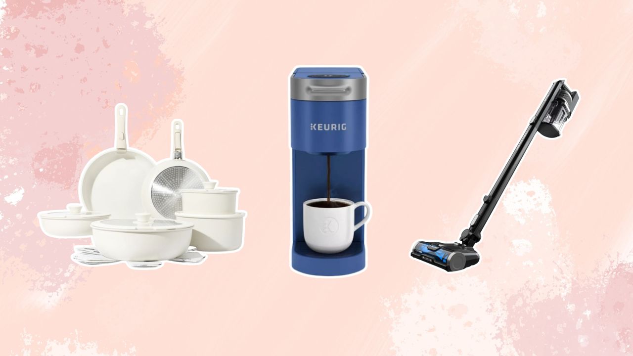 The Walmart sale has so many great deals. Here are three of these - a white cookware set, a blue Keurig coffee maker, and a cordless Shark vacuum, on a pink and peach background