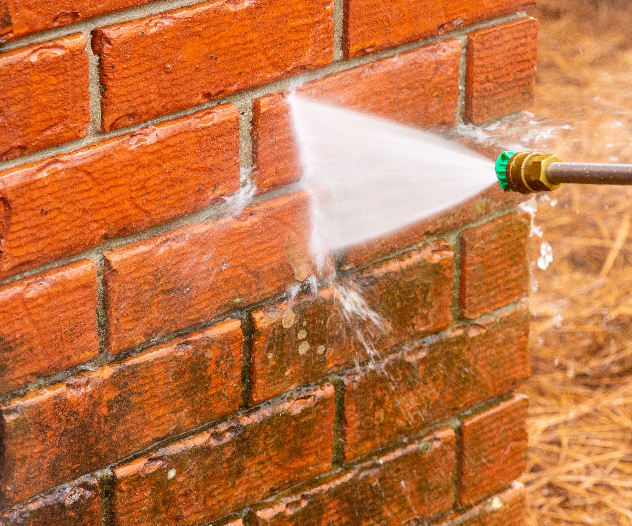 Jetwasher cleaning mould off of red bricks