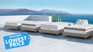 Lineup of Saatva mattresses on a sunny balcony by the sea, with Lowest price flag overlaid