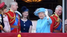 Lady Louise Windsor, the Queen, Prince Charles, Prince Andrew on the balcony of Buckingham Palace