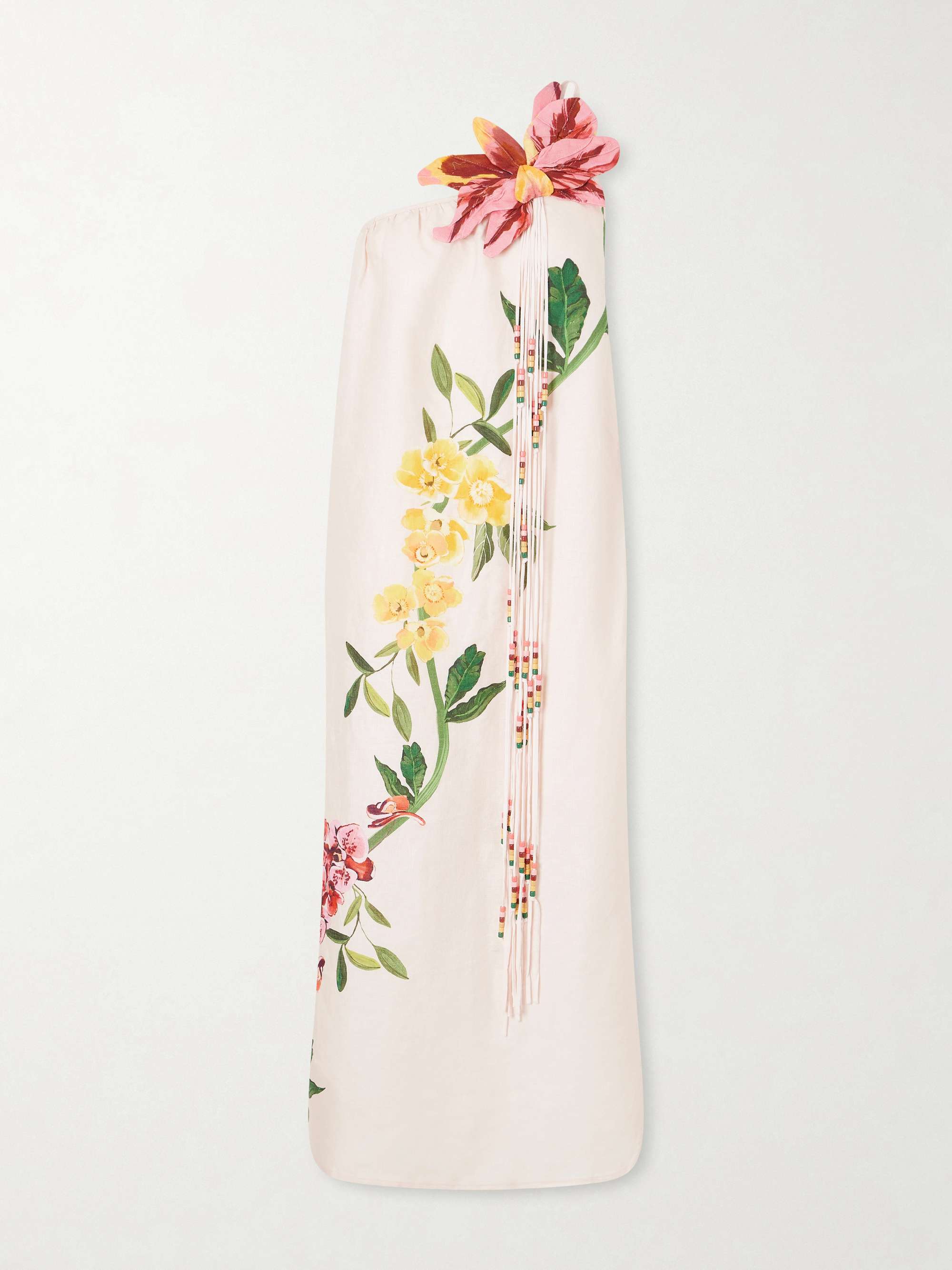 Garden Terrace Floral-Print Bead-Embellished Linen Maxi Dress