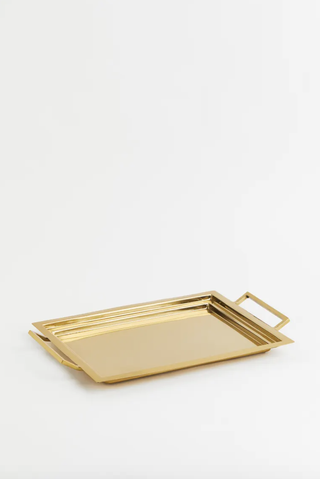 gold rectangle serving tray with handles