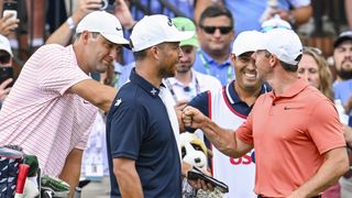 Rory McIlroy, Scottie Scheffler and Xander Schauffele get together on the tee box before a tournament