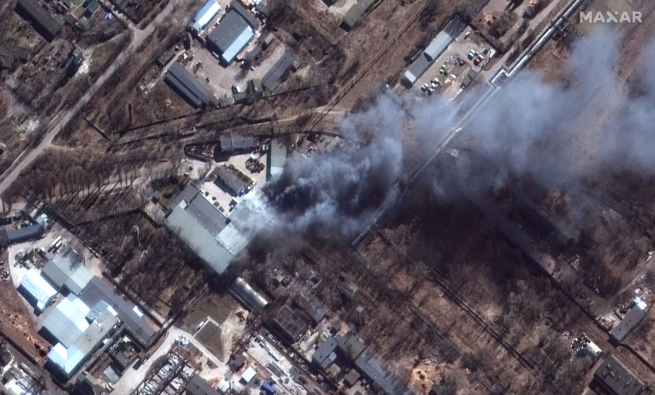 A close-up of fires in an industrial area of southern Chernihiv, Ukraine amid fighting with Russian forces on March 10, 2022.