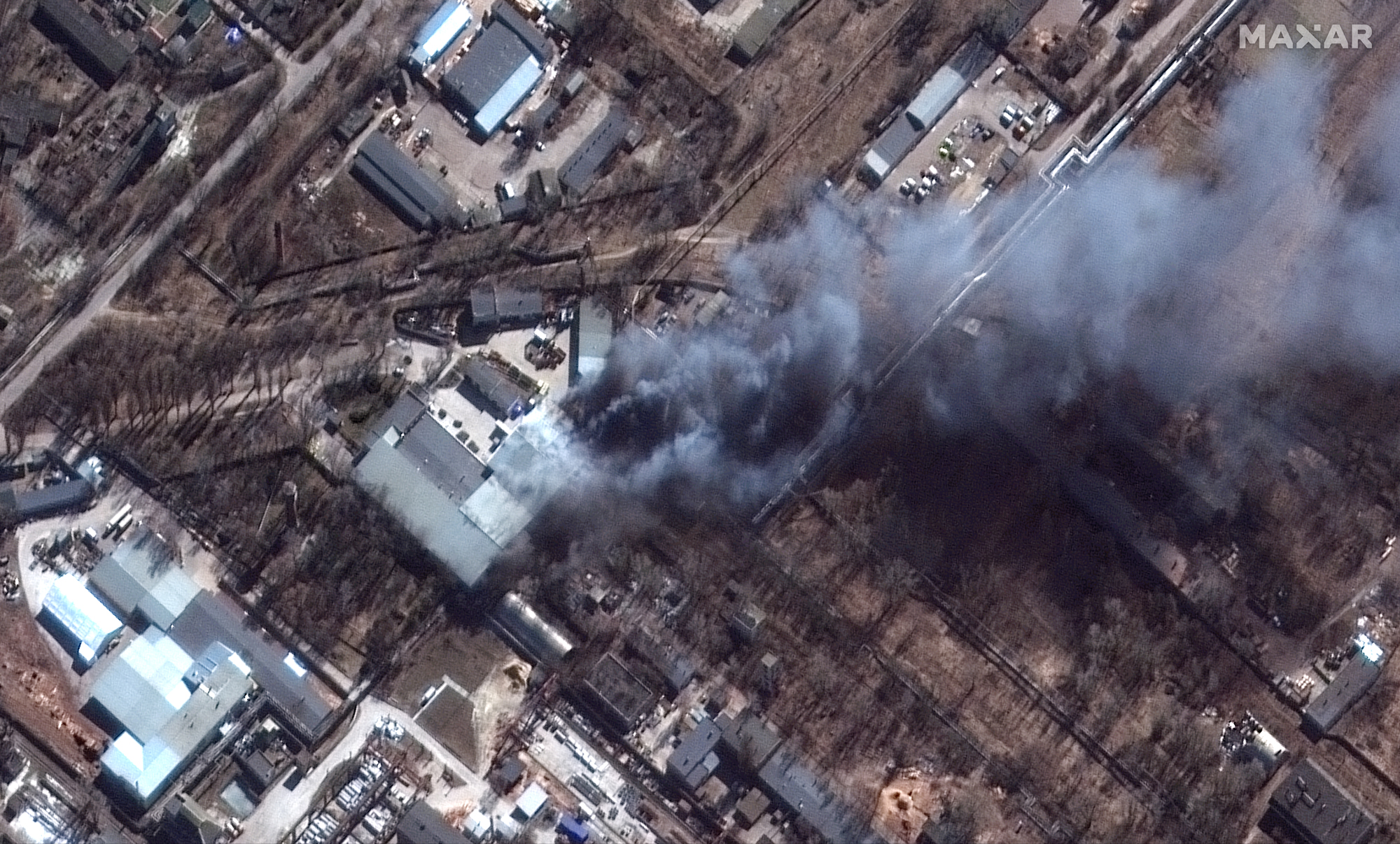 A close-up of fires in an industrial area of southern Chernihiv, Ukraine amid fighting with Russian forces on March 10, 2022.