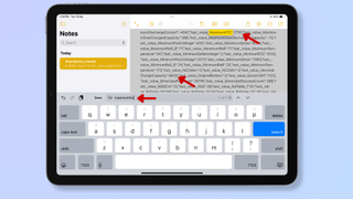 Screenshot of the Notes app on iPad with red arrows pointing at maximumfcc in the search bar and at MaximumFCC and NominalChargeCapacity in the search result. 