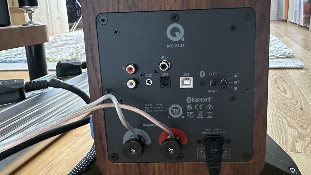 Q Acoustics M40 HD speaker rear view, showing the inputs
