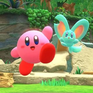 A screenshot from Kirby and the Forgotten Land of Kirby jumping happily with a friend