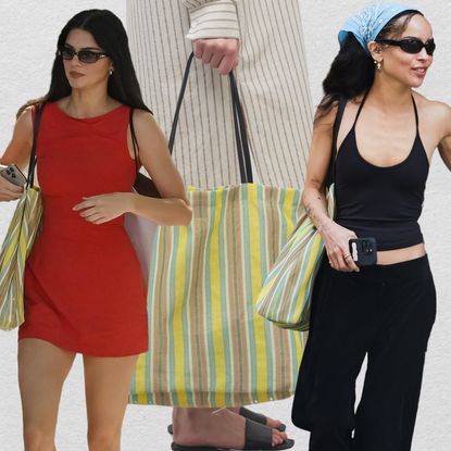 a collage of Kendall Jenner, Zoë Kravitz and a model for The Row carrying the $1,350 The Row tote bag