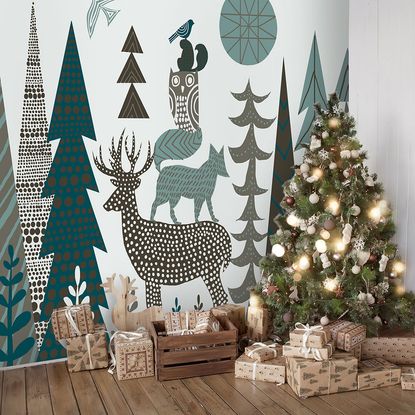 forest theme wallpaper christmas tree gifts wooden floor