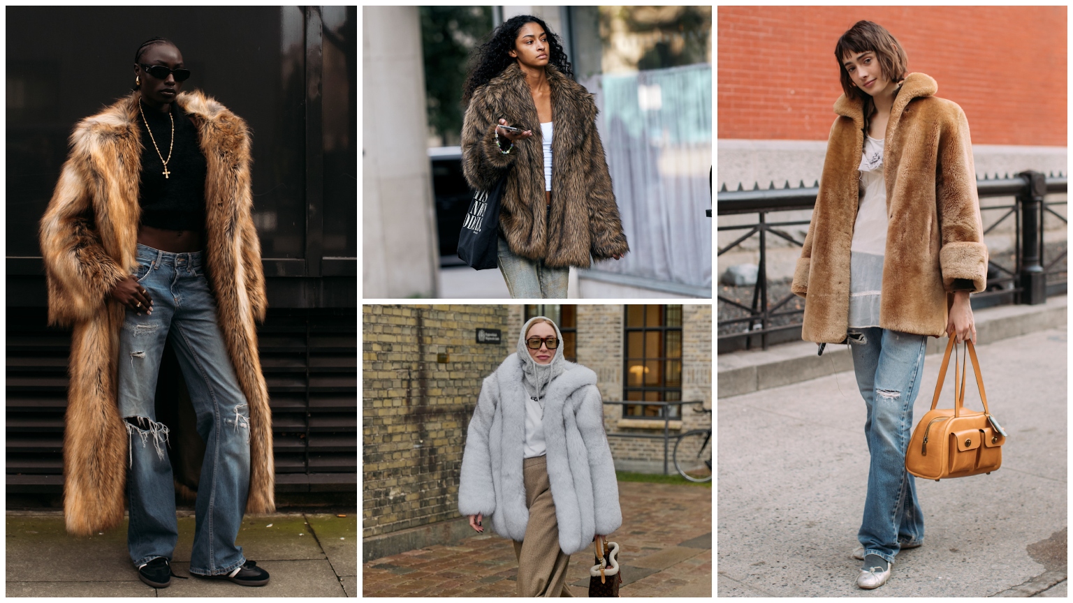 collage of fashion week attendees wearing fur coats and jackets with white border