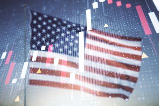 Double exposure of abstract creative financial diagram and world map on US flag and blue sky background, banking and accounting concept