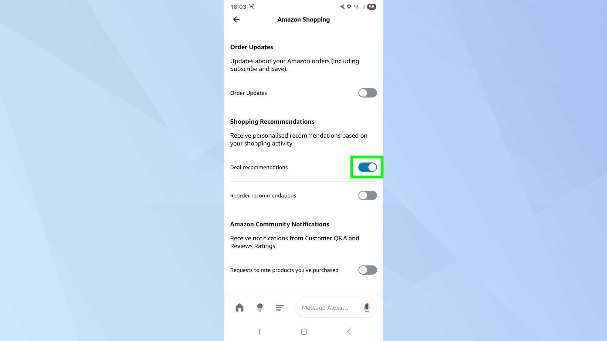 Amazon Alexa Prime Day deal notifications toggle