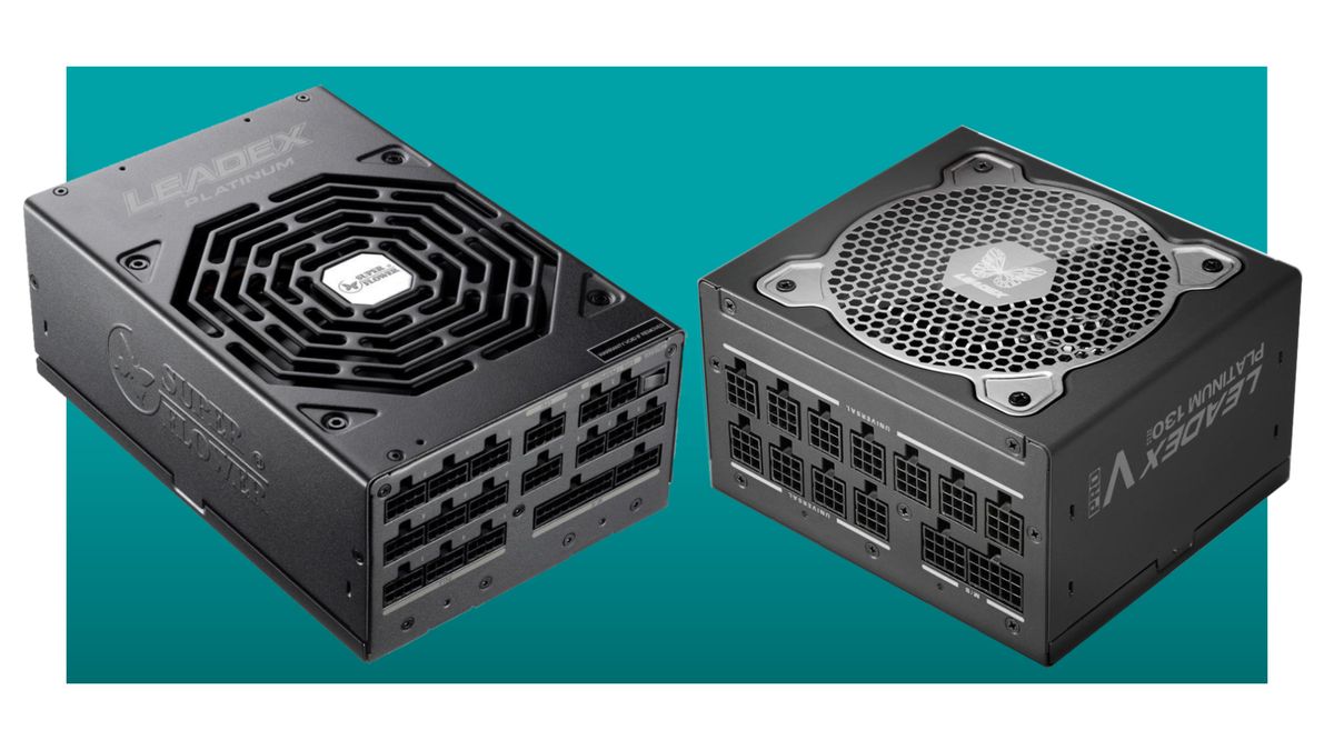 Two Super Flower Leadex PSUs on a green/blue background