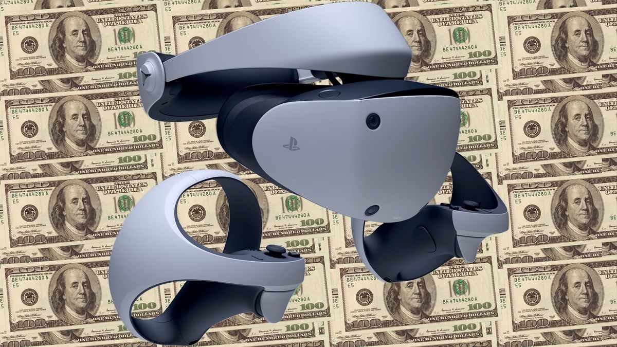 PS VR2 headset and controllers with a $100 bill pattern behind it