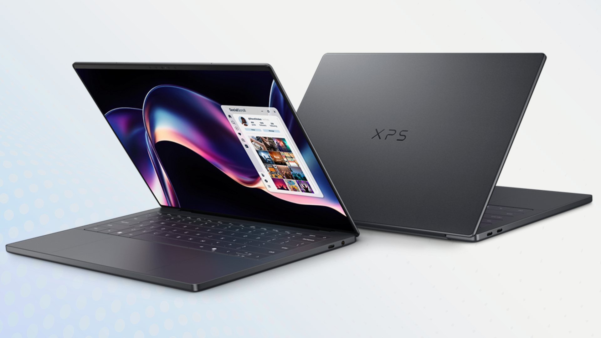 Dell XPS 14 two laptops, one shown from the front, other from the rear with XPS logo