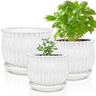 Yesland Ceramic Flower Plant Pots With Saucer, Set of 3 in Different Sizes, Modern Round Ceramic Succulent Planter Pots With White Stripe Texture for Garden
