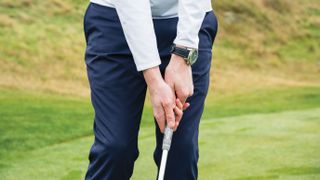 Golf Monthly Top 50 Coach Ben Emerson shows the correct hand position for chipping in windy conditions