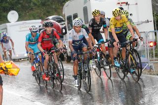 16 July 2015 102nd Tour de France Stage 12 : Lannemezan - Plateau de Beille QUINTANA Nairo Alexander (COL) Movistar, Maillot Blanc FROOME Christopher (GBR) Sky, Maillot Jaune CONTADOR Alberto (ESP) Tinkoff - Saxo VAN GARDEREN Tejay (USA) BMC VALVERDE Alejandro (ESP) Movistar NIBALI Vincenzo (ITA) Astana, at Plateau de Beille Photo : Yuzuru SUNADA