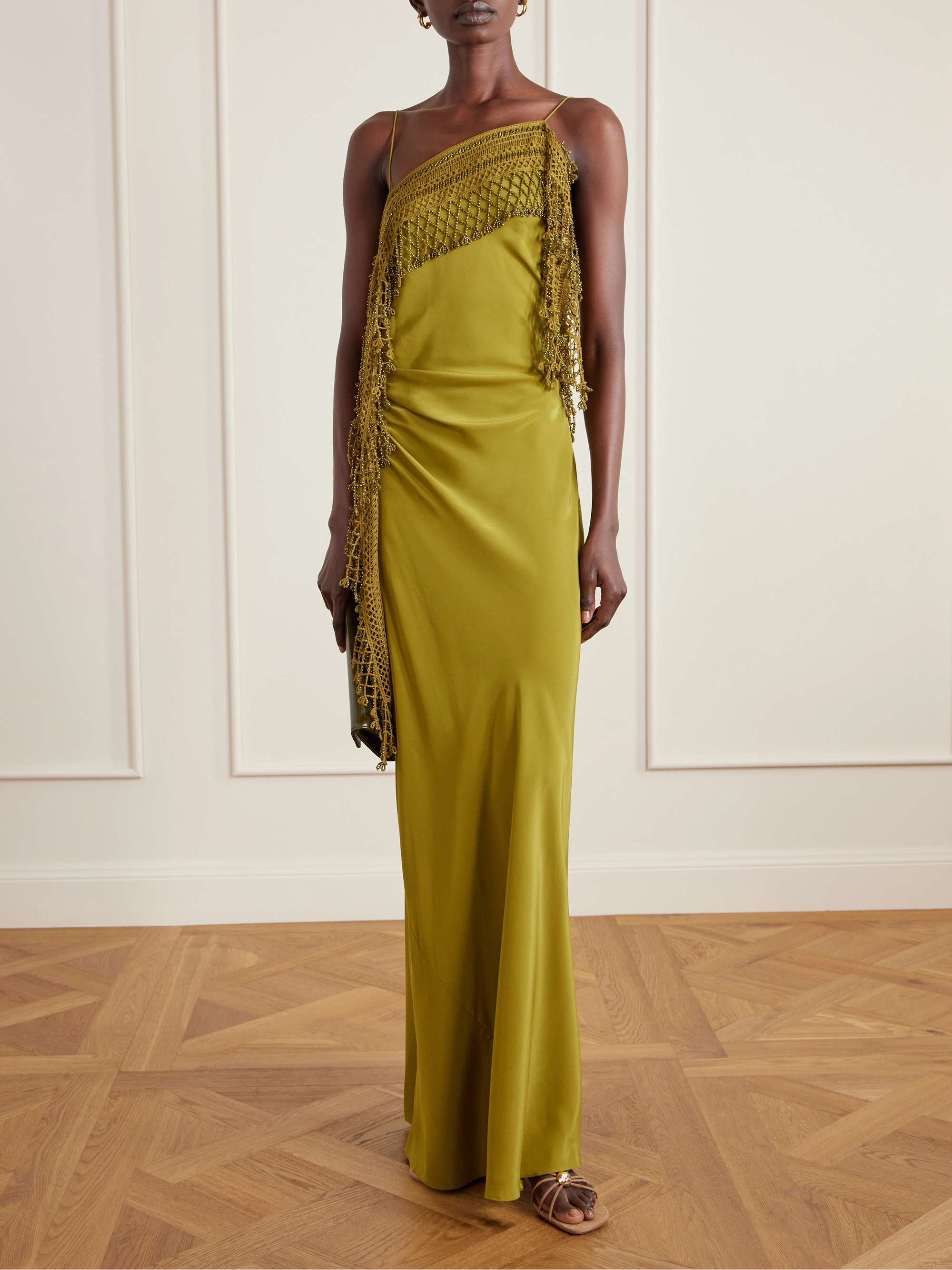 Beaded Crocheted-Trimmed Silk-Satin Maxi Dress