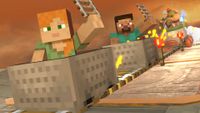 Minecraft characters Alex and Steve riding in mine carts in Super Smash Bros. Ultimate, being chased by Bowser Jr..