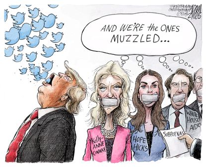 Political Cartoon U.S. Trump Tweets Kellyanne Conway Hope Hicks Muzzled