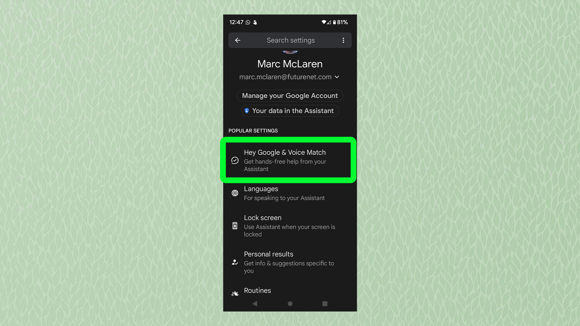 Снимок экрана с Android, показывающий настройки Google с выделенными Hey Google и Voice Match