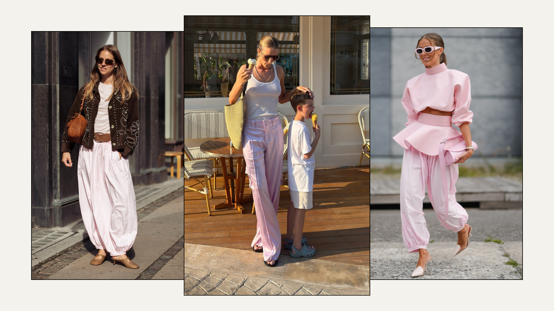 Three fashion people, including Rosie HW wear the pale pink trouser trend. 