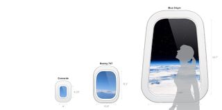 The window size of Blue Origin's New Shepard vehicle, compared to those of a Concorde supersonic jet and a Boeing 747.