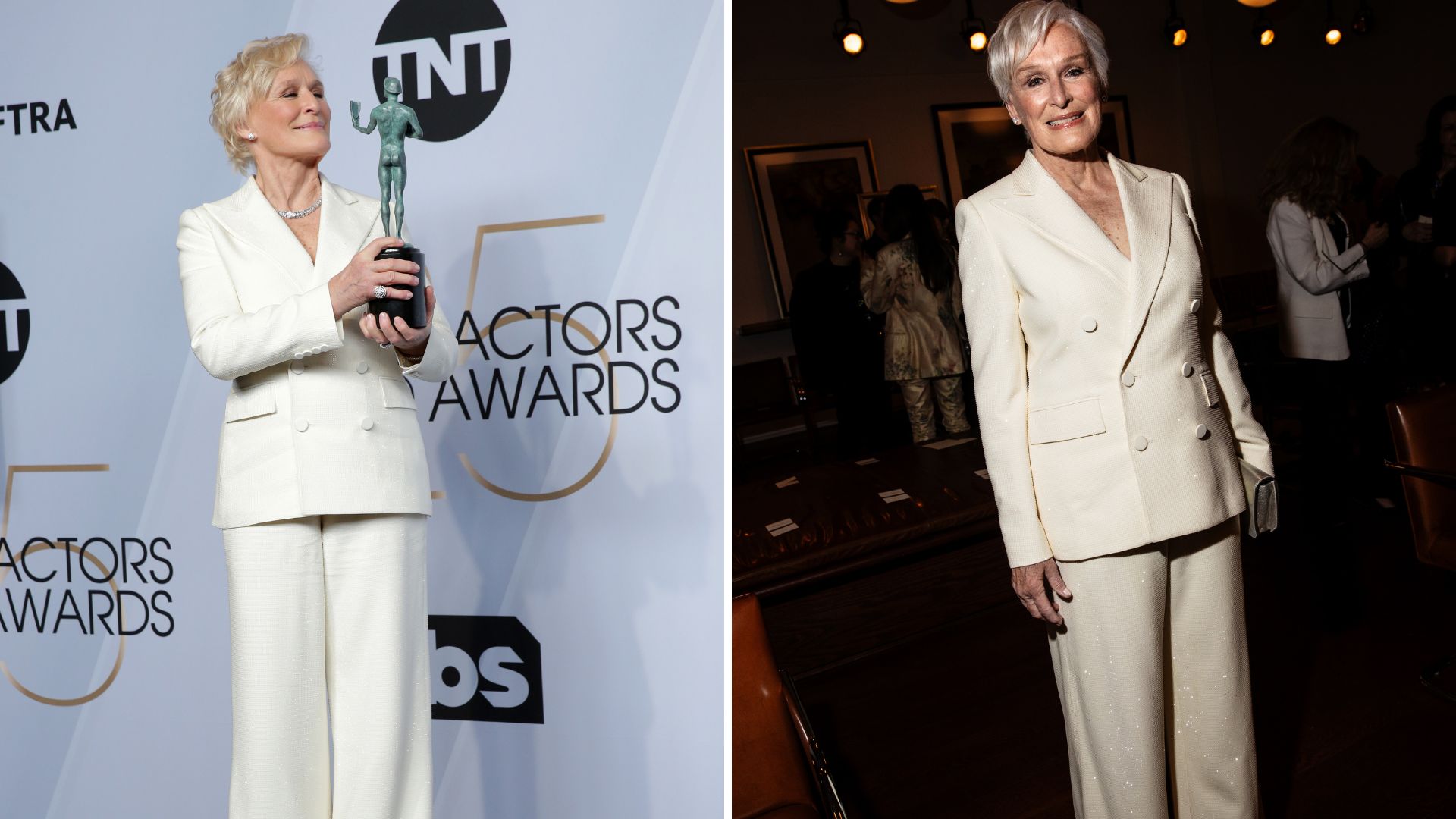 Two photos of Glenn Close wearing a white suit