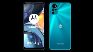 A Moto G22 in Iceberg Blue from the front and back