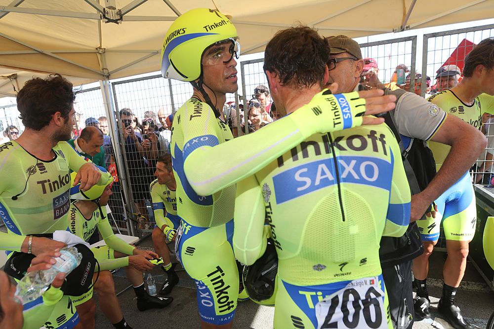 Alberto Contador celebrates with his Tinkoff-Saxo teammates
