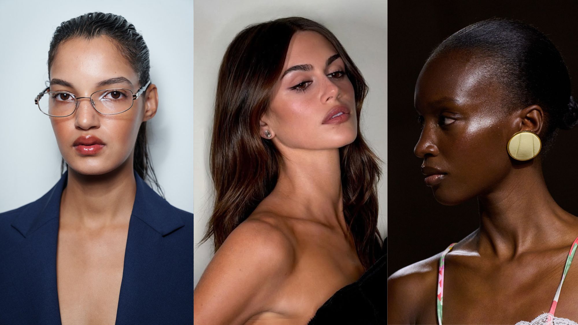 A collage of runway photos and Kaia Gerber wearing blurred-finish makeup.