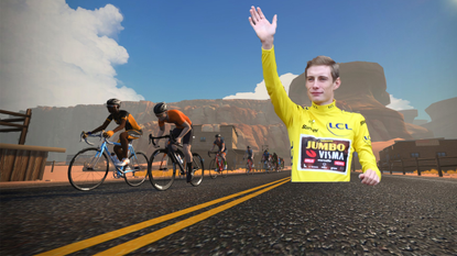 Jonas Vingegaard in the yellow jersey on Zwift