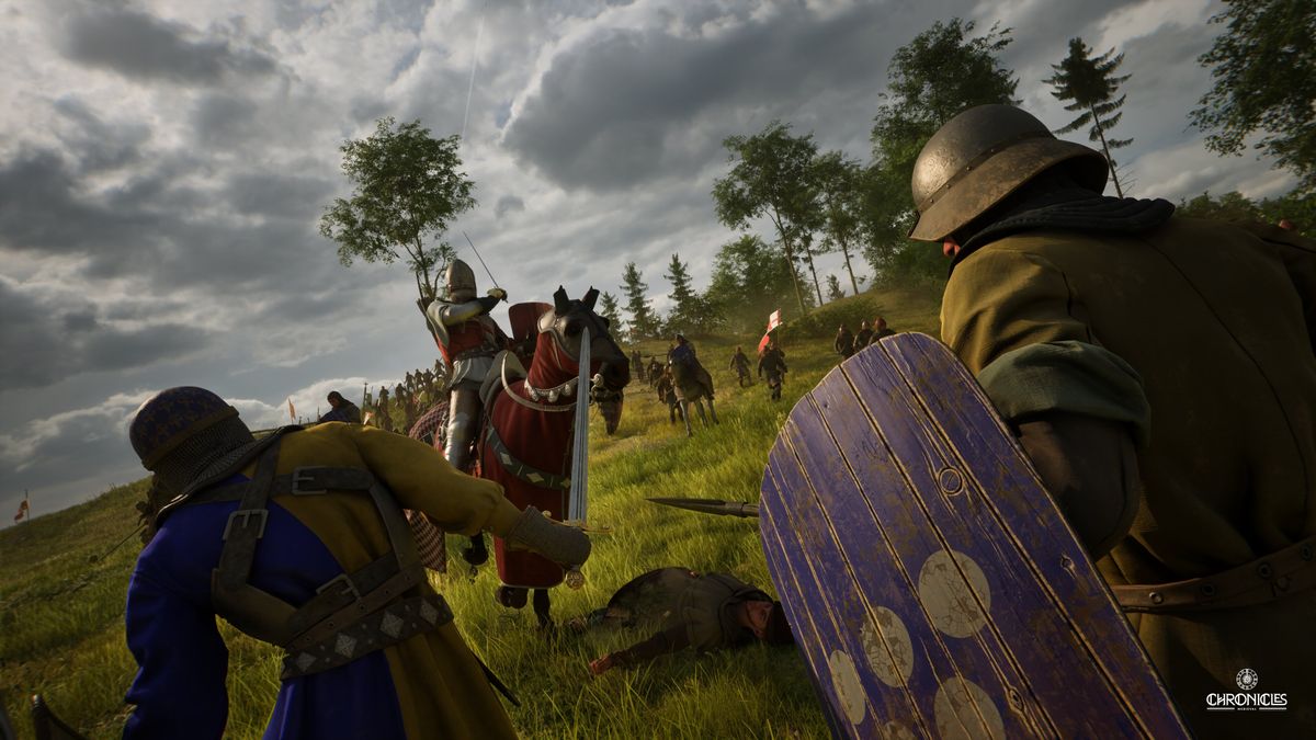 A screenshot from Chronicles Medieval showing infantry and cavalry in combat