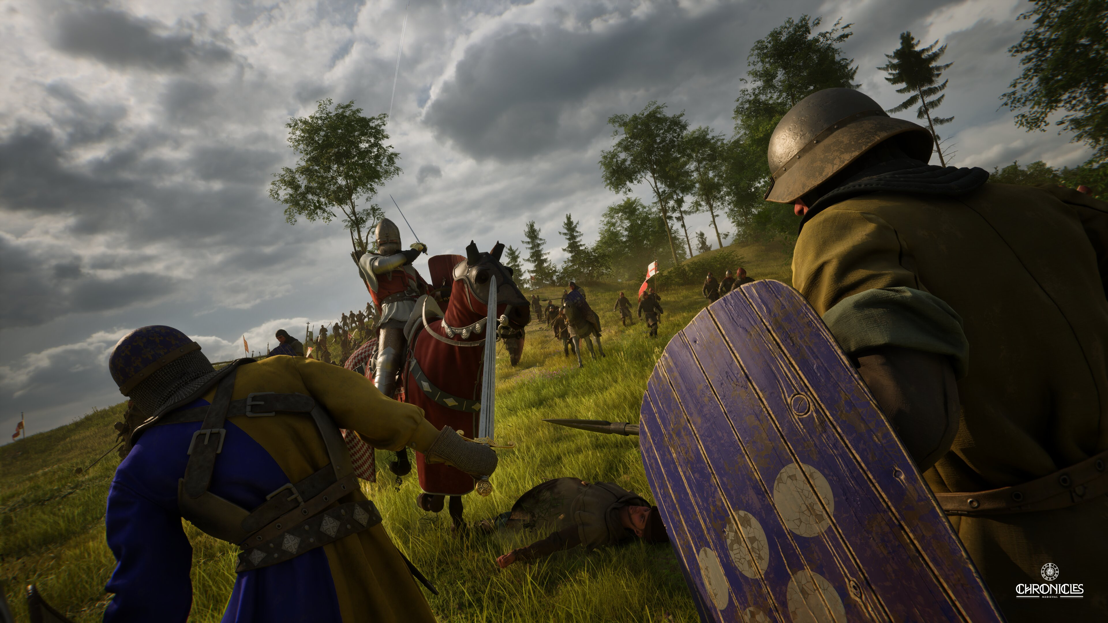 A screenshot from Chronicles Medieval showing infantry and cavalry in combat