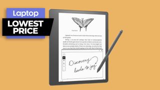 Kindle Scribe eReader with Spen against orange background