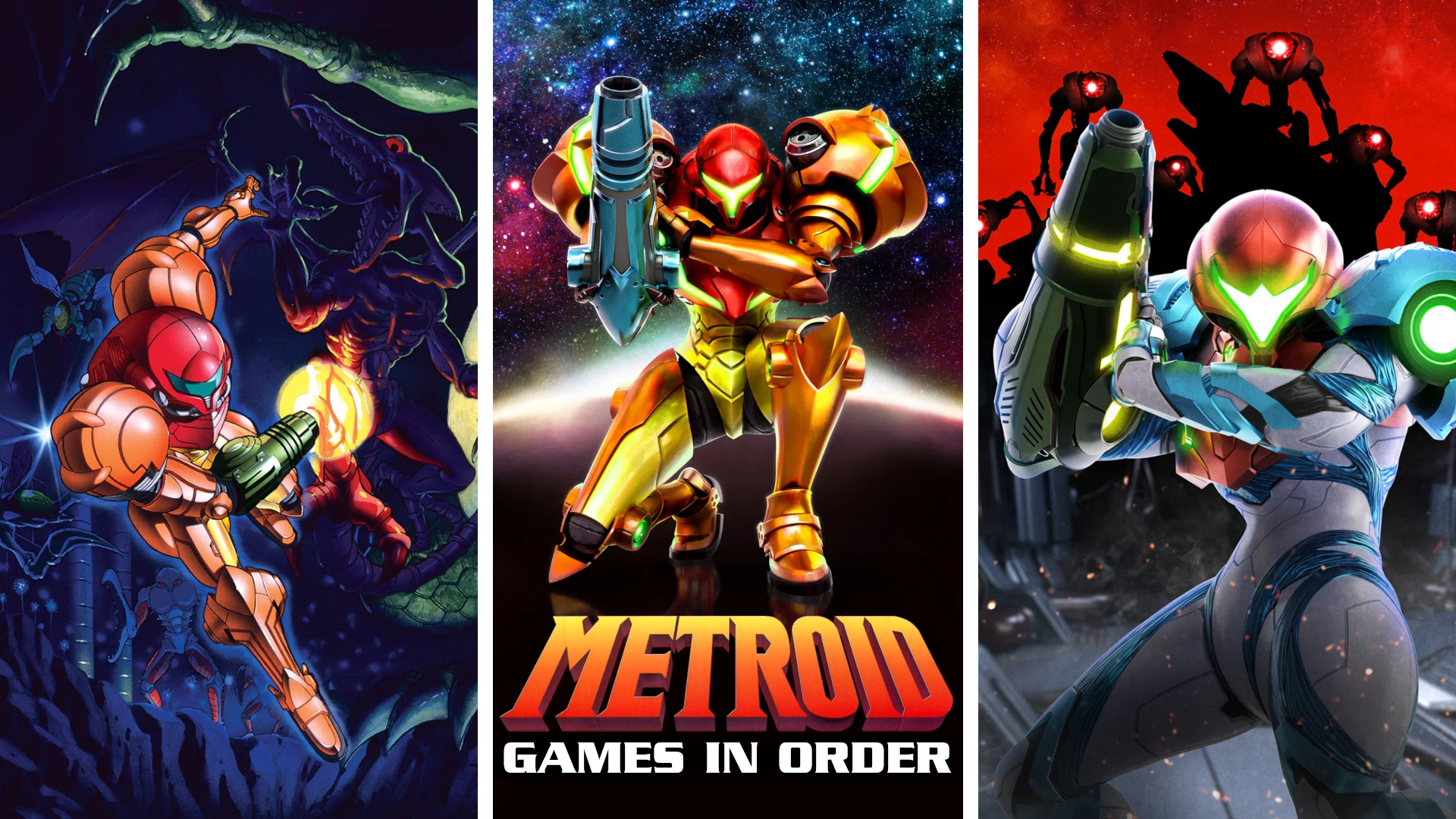 Split image showing artwork from three different Metroid games: Super Metroid, Metroid: Samus Returns, and Metroid: Dread. The text Metroid games in order is located in the lower center of the image.