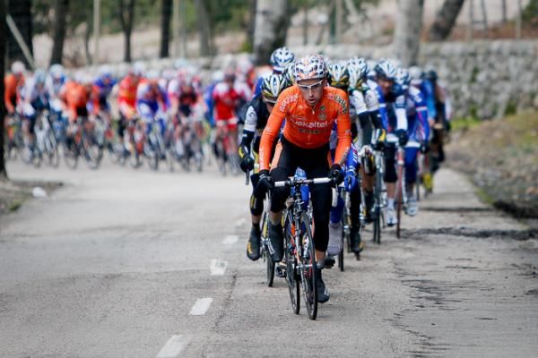 A rider from Euskaltel-Euskadi giving HTC-Columbia a break from leading the peloton.